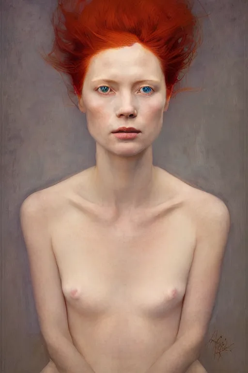 Prompt: of beautiful redhead female, beauty portrait by greg rutkowski, hilma af klint, moebius, victo ngai, sharp focus, global illumination, highly detailed, masterpiece, award winning, post processing