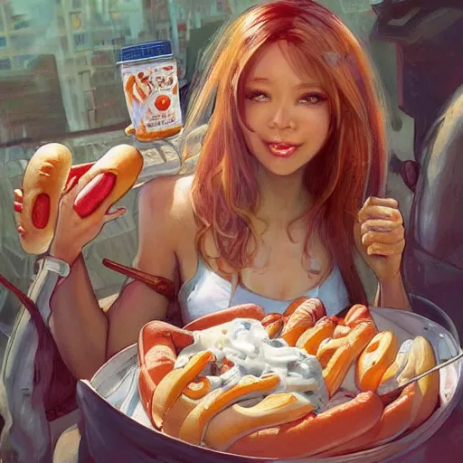 Image similar to hot dogs and yogurt is a messy eating contest, wlop, artgerm, mucha