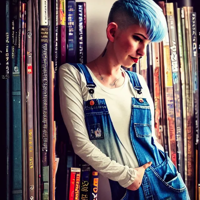 Image similar to full body pose, beautiful adult book fairy, pixar, short white hair shaved sides, dirty, grungy, grunge, long sleeve, painted overalls, stacks of giant books, highly detailed, 4 k, hdr, smooth, sharp focus, high resolution, award - winning photo, artgerm, photorealistic