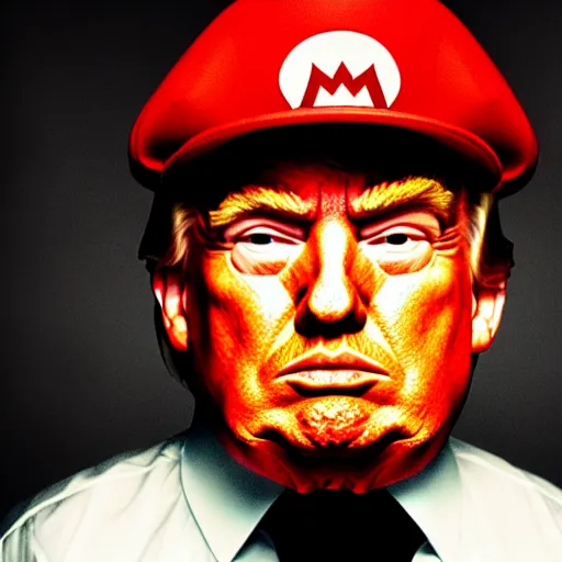 Prompt: uhd candid photo of hyperdetailed donald trump dressed as super mario. correct face, cinematic lighting, photo by annie leibowitz, and steve mccurry.