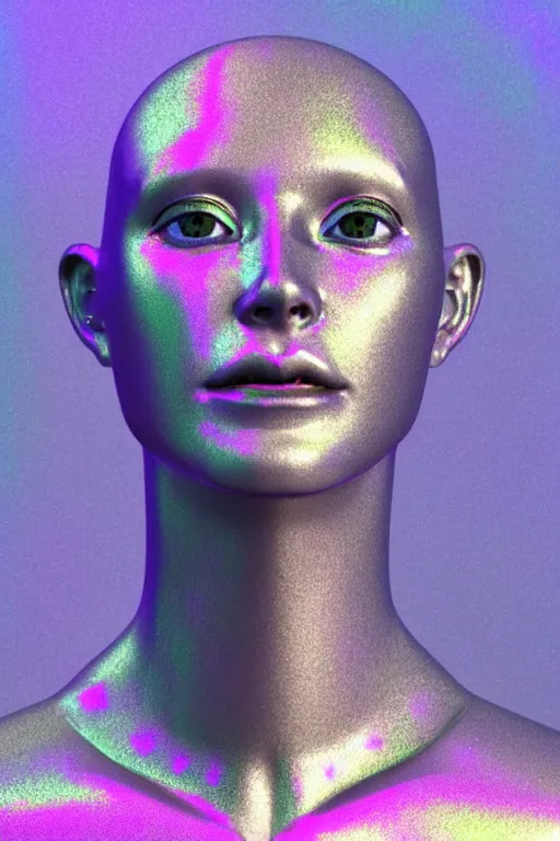 Prompt: 3d render of holographic human robotic bust made of glossy iridescent, screaming, bust, surrealistic 3d illustration of a human non-binary, non binary model, 3d model human, cryengine, made of holographic texture, holographic material, holographic rainbow, concept of cyborg and artificial intelligence