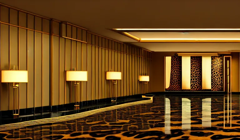 Image similar to a beautiful, sharp focus, clean lines. the interior of a vast 1 9 7 0 s luxury hotel lobby. leopard print. vaporwave ombre rendering. outrun style. trending on artstation. recommended for you behance. wes anderson colors. by chris moore. by edward hopper. ambient occlusion. digital matte painting. metropolis filmic. gotham city.