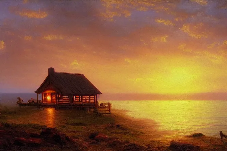 Image similar to sunset over a wooden cabin on the coast in the distance, sea, oil painting, very detailed, colorful, cinematic lighting, albert bierstadt, trending on artstation