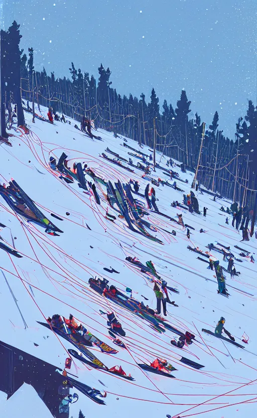 Image similar to by moebius and atey ghailan | the bottom of a ski slope with a huge pile of tangled up skiers |