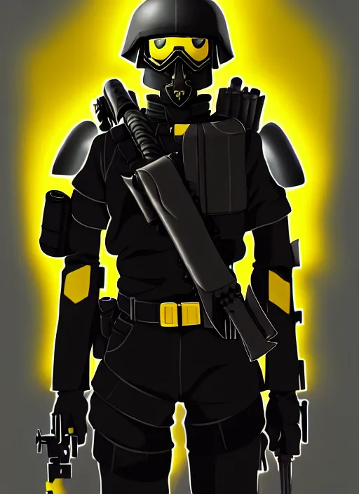 Prompt: a film still portrait of a vicious helldiver scout soldier, black armor with yellow accents, ilya kuvshinov, anime, pixiv top monthly, trending on artstation, cinematic, danbooru, zerochan art, kyoto animation