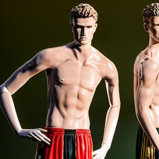 Image similar to a realistic detailed photo of a guy who is an attractive humanoid who is half robot and half humanoid, who is a male android, soccer players martin ødegaard & timo werner, shiny skin, posing like a statue, blank stare, in a living room, on display, showing off his muscles, gold soccer shorts, no jersey, statue, many copies of them