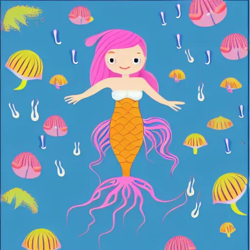 Prompt: A mermaid floating with jellyfish, Vector SVG, kids style