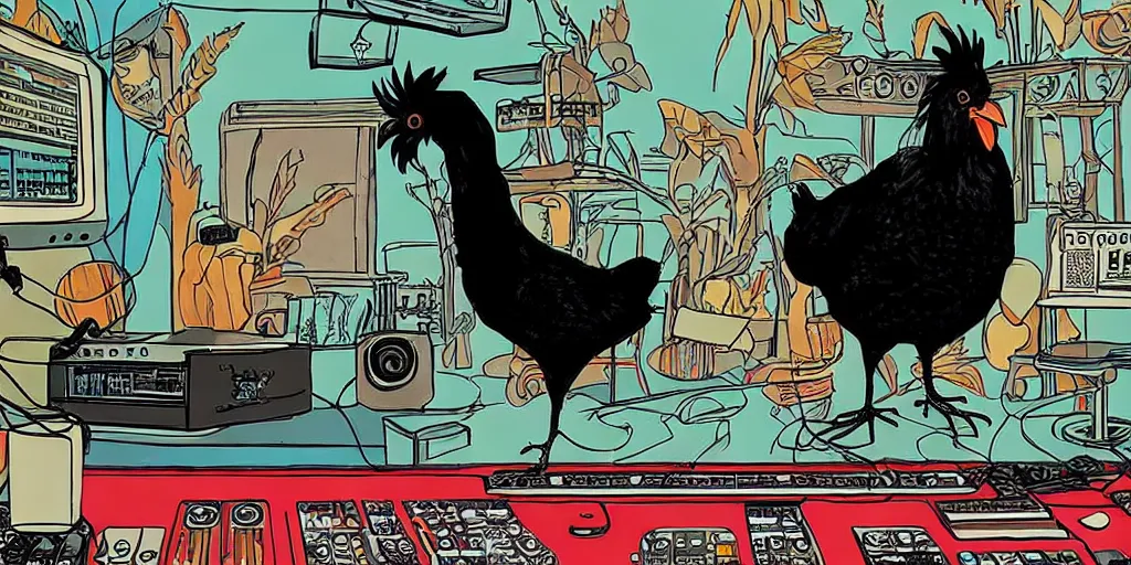 Image similar to 'black chicken'!!! smoking 'cannabis'!!!!!! in front of 'audio console'!!!! and 'multi monitors'!!!! 'in a hi-tech tv broadcasting studio'!!!!, artwork by James Gilleard