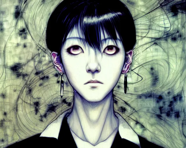 Image similar to yoshitaka amano blurred and dreamy realistic three quarter angle horror portrait of a sinister young woman with short hair, big earrings and white eyes wearing office suit with tie, black and white junji ito abstract patterns in the background, satoshi kon anime, noisy film grain effect, highly detailed, renaissance oil painting, weird portrait angle, blurred lost edges