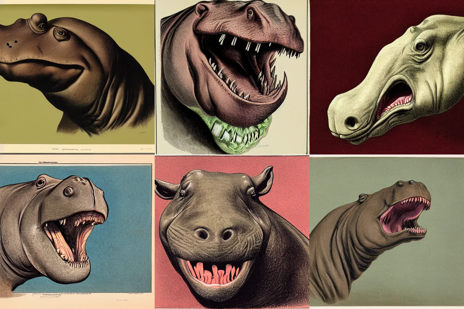 Prompt: the head of a hippo Tyrannosaurus rex with an open mouth, 1905 hand-coloured lithograph sketch