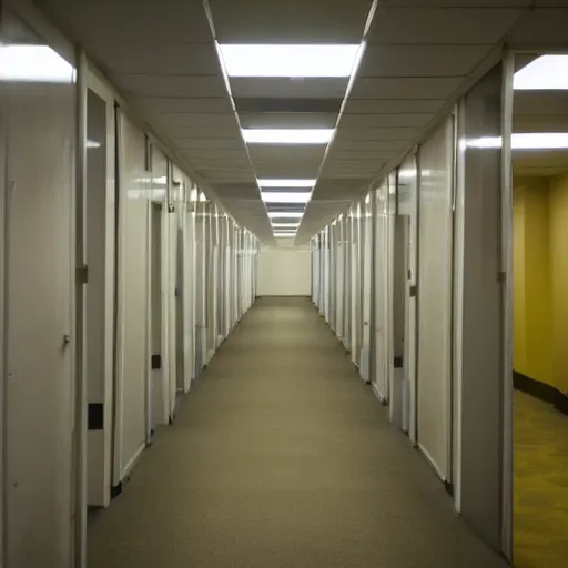 Prompt: Backrooms, where it's nothing but the stink of old moist carpet, the madness of mono-yellow, the endless background noise of fluorescent lights at maximum hum-buzz, and approximately six hundred million square miles of randomly segmented empty rooms to be trapped in
