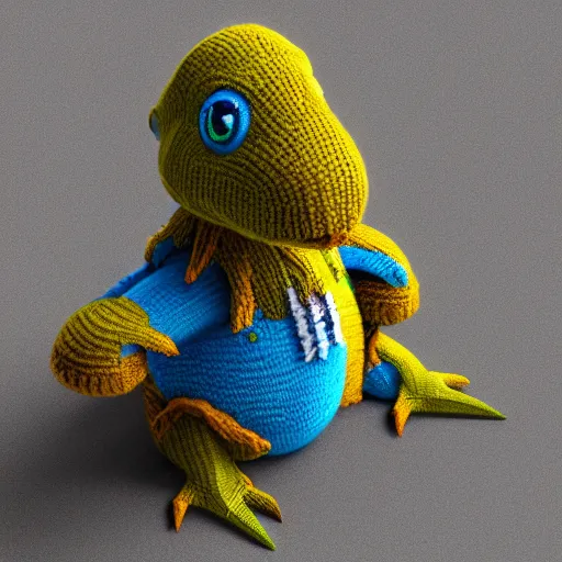 Image similar to super cute sad dinosaur made out of sweaters and yarn octane rendering vivid cinematic lighting 4k