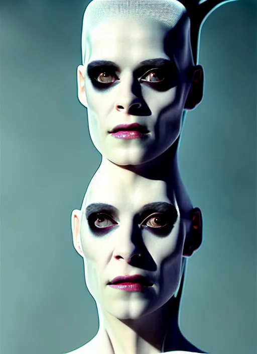 Prompt: portrait of kristen mcmenamy as a beautiful gentle futuristic bride of frankenstein from the movie bride of frankenstein, kintsugi, modern fine art, fractal, intricate, elegant, highly detailed, digital photography, subsurface scattering, by jheronimus bosch and greg rutkowski, still from the movie ex machina, smooth healthy skin, high key lighting