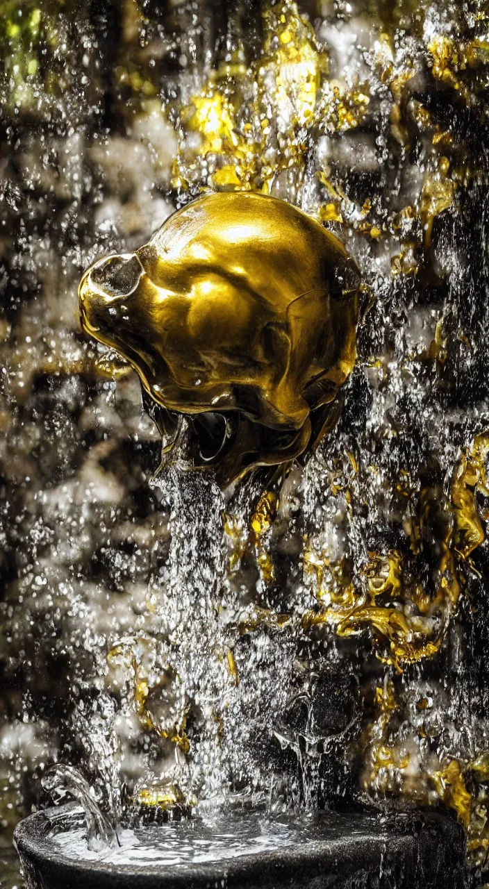 Prompt: a stream of water pouring from a biomorphic gorilla skull and producing a gaseous liquid gold, in the style of a wild mushroom fountain, architectural photography , isometric views, bath infrastructure, white crystal texture , 8k