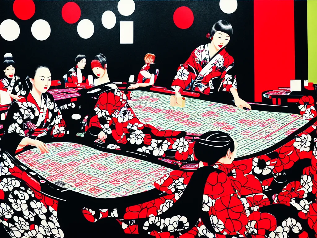 Image similar to hyperrealistim composition of the detailed single woman in a japanese kimono sitting at a extremely detailed poker table with darth vader, fireworks, river on the background, pop - art style, jacky tsai style, andy warhol style, acrylic on canvas