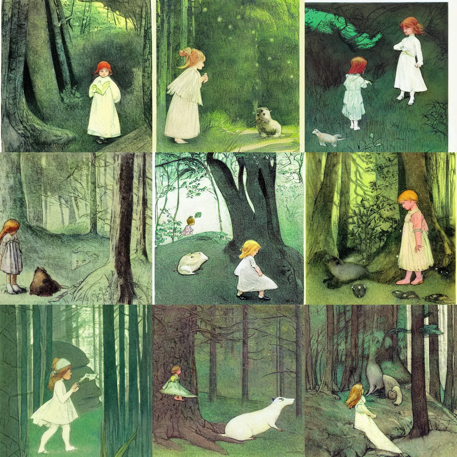 Prompt: a storybook illustration of a little girl and a white seal wandering the Mesozoic Era in the style of Jessie Willcox Smith, green flora forest, monochromatic, nature, 1908