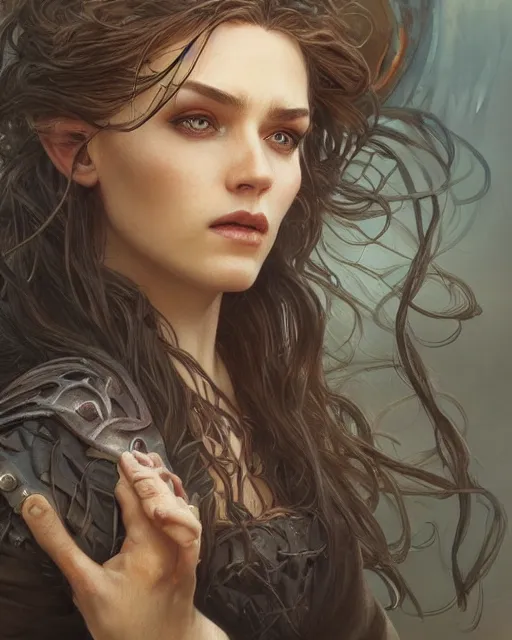 Image similar to close up portrait of a ruggedly handsome female witch, soft hair, half body, leather, d & d, fantasy, intricate, elegant, highly detailed, digital painting, artstation, concept art, smooth, sharp focus, illustration, art by artgerm and greg rutkowski and alphonse mucha