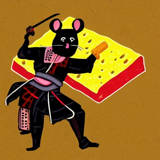 Image similar to Samurai fighting rat sitting on cheese