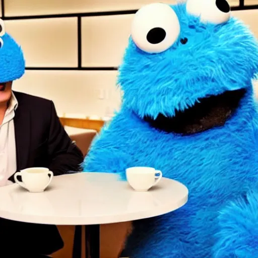 Prompt: Chinese Kevin O'leary talking with cookie monster, in a café