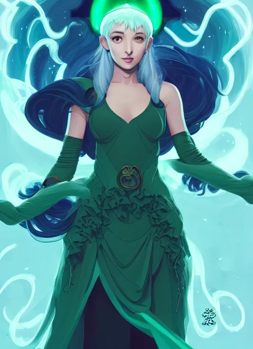 Prompt: style artgerm, joshua middleton, illustration, ariana grande as a high priestess wearing green pelt light armor, anime eyes, blue hair, swirling water cosmos, fantasy, dnd, cinematic lighting