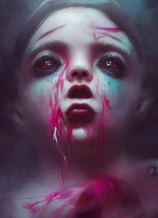 Image similar to shot of sinister girl with pouty aerochrome lips, fungal, adorable, expressive eyes, playful pose of a dancer, greg rutkowski, charlie bowater, yuumei, stephen gammell, unreal 5, daz, hyperrealistic, octane render, dark, dynamic lighting, fantasy art, beautiful face