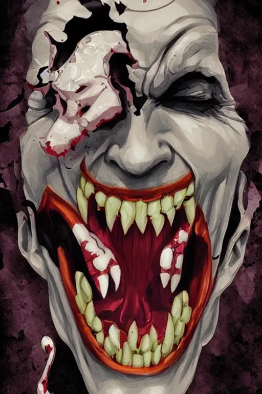 Prompt: poker card design of dc comic villain the joker creepy menacing dangerous slit mouth smile by michael hussar, james jean, tomer hanuka