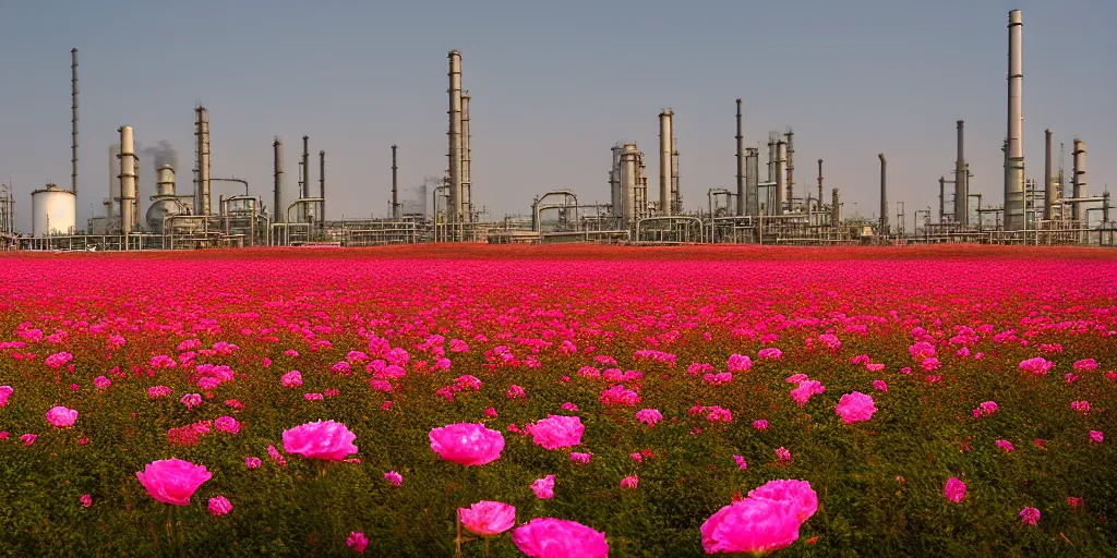 Prompt: a beautiful big field of rosses with in the background industry buildings with dirty smoke oil refinery, f / 2. 8, global illumination, by zeng fanzhi