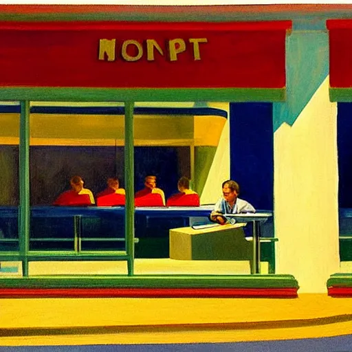 Prompt: an astronaut in front of a restaurant at the evening, in the style of Edward Hopper, 4k,