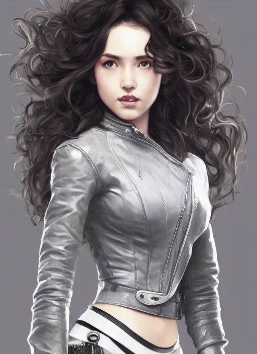 Image similar to girl in short white! top and short gray! leather jacket, long dark curly hair, high waist sweatpants, intricate, elegant, highly detailed, digital painting, artstation, concept art, smooth, clockwork, sharp focus, illustration, metart, art by artgerm and greg rutkowski and alphonse mucha, 8 k