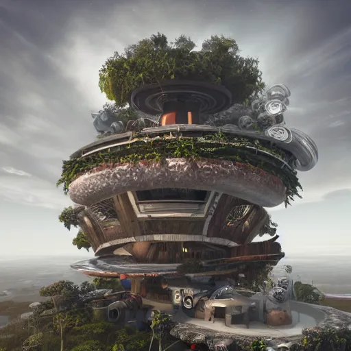 Prompt: : afro futuris house in cloud,hyper detailed art station  parabolic lighting contest winners unrealengine trending on artstation,cinematic, hyper realism, high detail, octane render, 8k