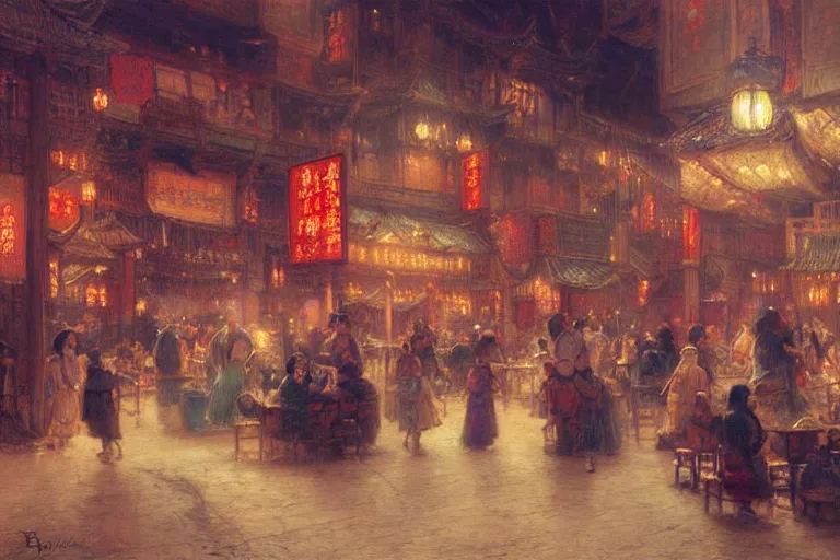 Prompt: fantasy art of a bustling tavern in china, at night, by gaston bussiere, highly detailed digital art, trending on artstation
