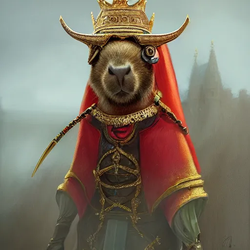 Image similar to detailed photorealistic painting of a capybara wearing a highly detailed ornamented gold crown with diamonds, in a medieval knight armor with red cape , sharp focus in the style of ruan jia, Mandy jurgens, cinematic light, concept art, trending on artstation, ultra realistic