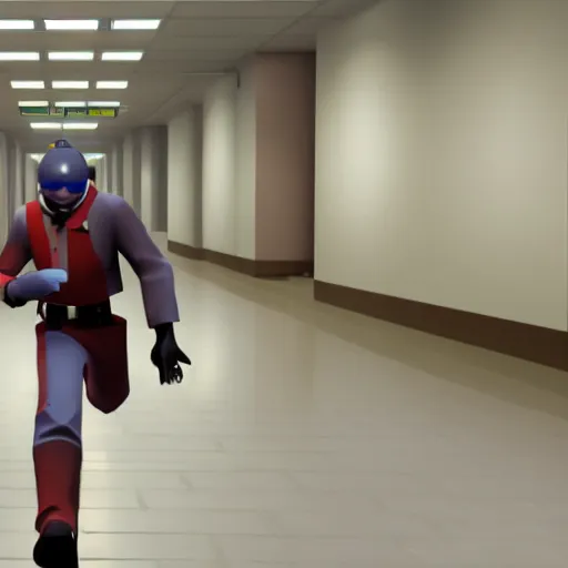 Image similar to the medic from TF2 running in an hospital corridor