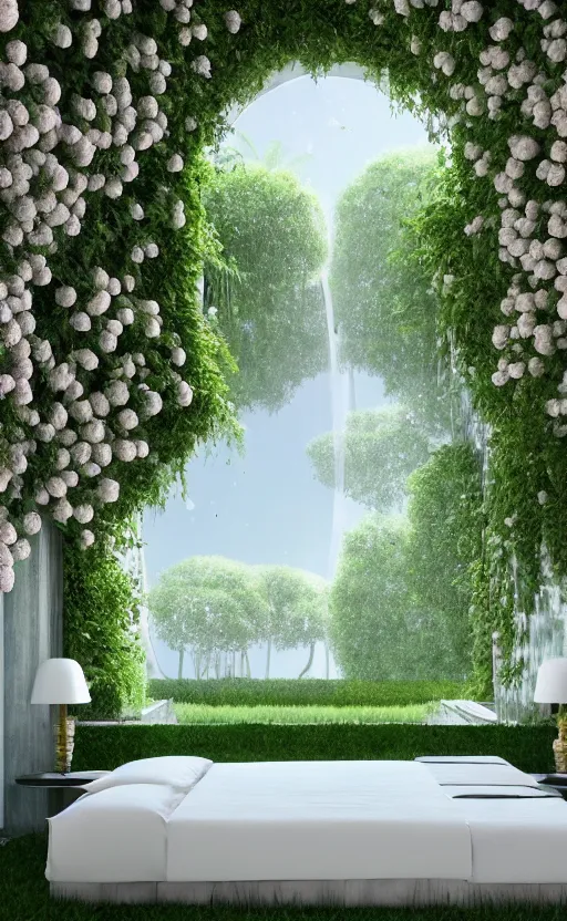 Prompt: highly detailed villa garden natural beautiful light interior soft cinematic composition of a biophilic concrete nebula fluid white magnolias surreal scifi architecture romantic minimalist landscape, furniture, trees, grass, bed of flowers, water, marble, vincent callebaut composition, 8 k, unreal engine, hdr