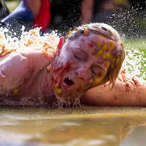 Image similar to a man sliding through pudding, slip n slide, professional photo, funny