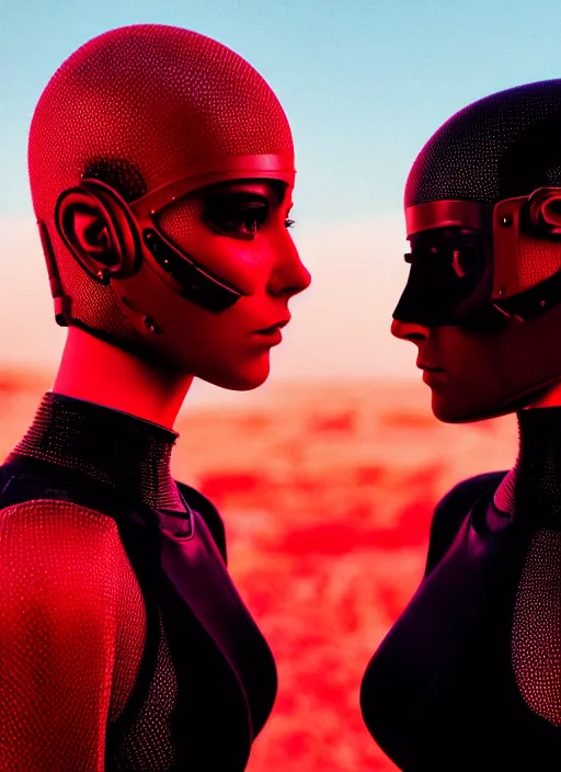 Image similar to cinestill 5 0 d photographic portrait of two loving female androids wearing rugged black mesh techwear on a desolate plain with a red sky, extreme closeup, modern cyberpunk, dust storm, 8 k, hd, high resolution, 3 5 mm, f / 3 2, ultra realistic faces, ex machina, blade runner