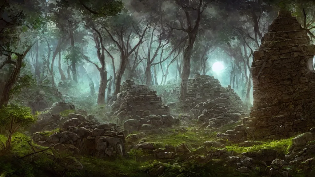 Image similar to Ruins of an ancient alien pyramid in the middle of an overgrown forest, dreamscape, dramatic lighting, fantasy art illustration, trending on artstation, Aetherpunk
