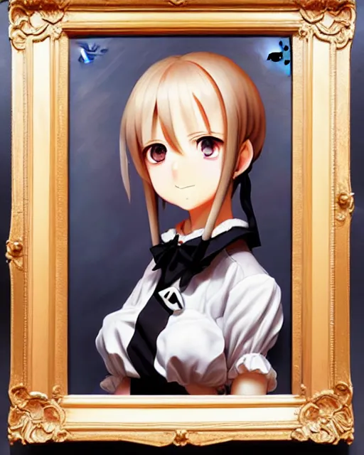 Image similar to an oil painting of baroque cute face character, anime girl, nazi ss secret police maid, soft studio light by rutkowski, makoto sinkai and wlop