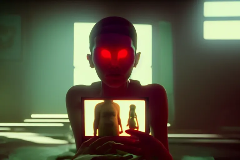 Image similar to vfx film, love death and robots, flat color profile low - key lighting award winning photography arri alexa cinematography, hyper real photorealistic cinematic, atmospheric cool colorgrade