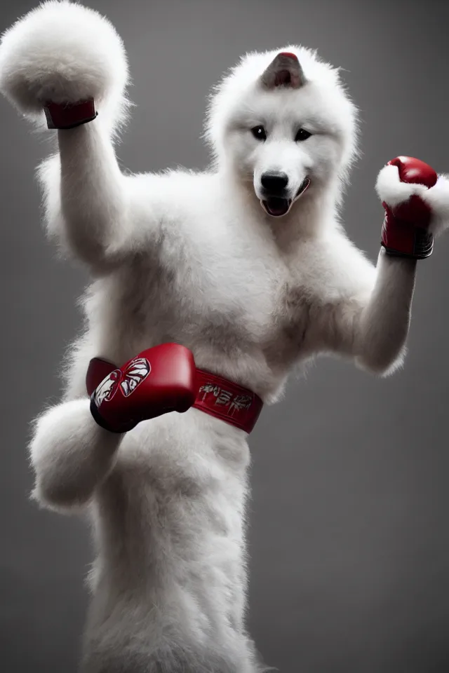 Image similar to samoyed dog head on a human body as a muay thai kickboxer, gloves on hands, world championship fight, cinematic lighting, film still