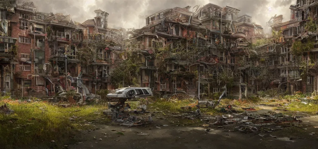 Prompt: A highly detailed crisp unreal engine render of A beautiful suburban townhouse city with overgrowth, perfect double rainbow in the sky, sunrays shine through the parted clouds, robot scraps on the ground, abandoned humanoid robots by wangchen-cg, 王琛,Neil blevins, by Greg Rutkowski, artstation, professional illustration, realistic, ultra detailed, atmospheric, cinematic lighting, movie concept art, hyper detailed, insanely detailed, corona render, octane render, colorful redshift render, 8k