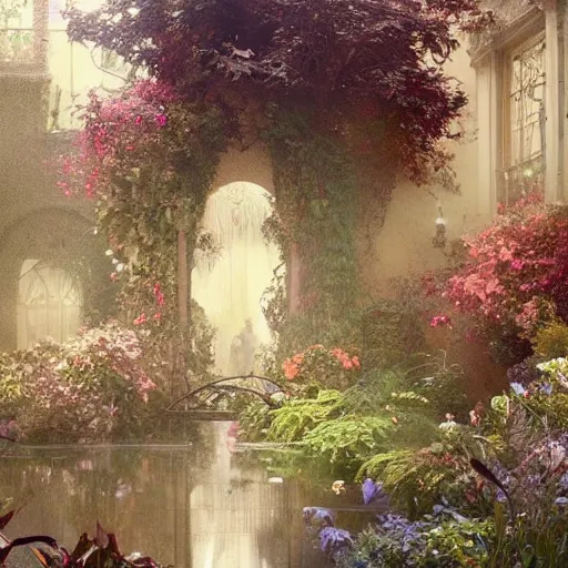 Prompt: a beautifull intricate garden, reflexions, raindrops, high details by william turner art, greg rutkowski and alphonse mucha, trending on artstation, very very detailed, masterpiece,