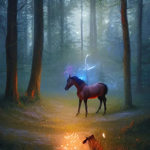 Prompt: a horse with a magician cap in a magical forest with fireworks by greg rutkowski and thomas kinkade, trending on artstation, 3 d render octane