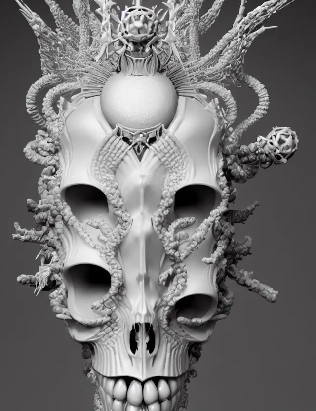 Image similar to symmetrical, centered, zbrush sculpt of goddess close-up portrait wigh crown made of skulls. phoenix betta fish, phoenix, bioluminiscent creature, super intricate ornaments artwork by Tooth Wu and wlop and beeple and greg rutkowski