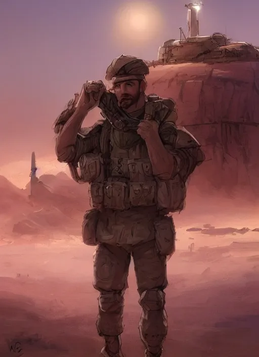 Image similar to purple lighting, detailed character portrait concept art, white male strong muscular mature soldier with beard and short hair in a soldier uniform, desert with city in the background, sharp focus, illustration, highly detailed, digital painting, concept art, matte, art by wlop and artgerm and greg rutkowski, masterpiece