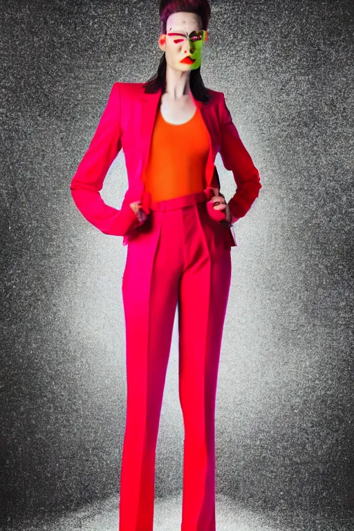 Prompt: realistic photoshooting for trouser suit for a rave, bright colors, vhs colour photography, fashion photography, vogue, smooth skin, perfect face, 8 0 mm lens, 1. 2 aperture, cinematic light, agency model img models
