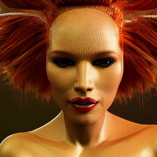 Image similar to queen wasp woman with flaming hair, honeycomb structure, octane render, unreal engine, 8 k,