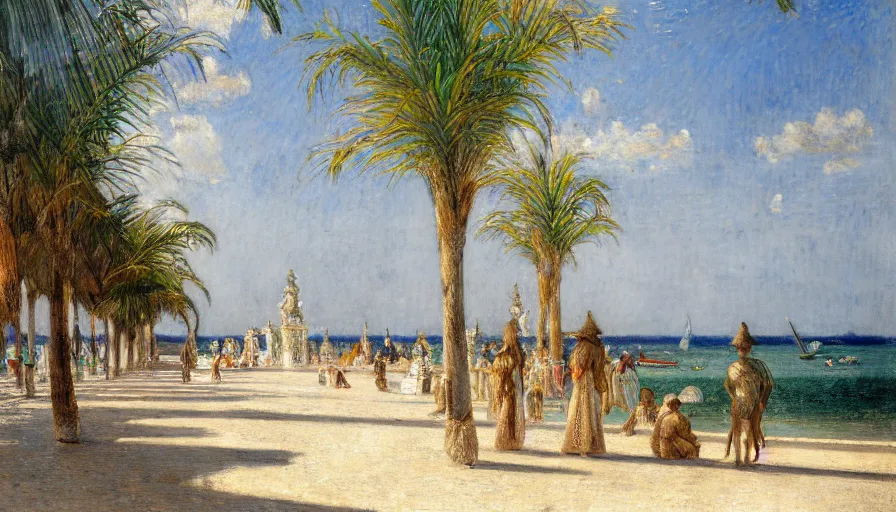 Image similar to a ultradetailed beautiful painting of the amazonas palace balustrade designed by jules bastien - lepage, hans belmer, frank weston and gustave baumann, beach, trending on artstation, mediterranean, palm trees, refracted color sparkles, sharp focus, soft light, 8 k 4 k