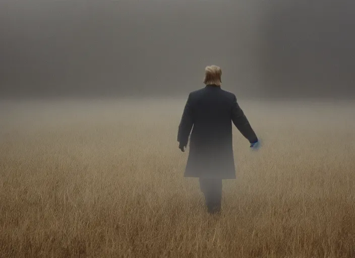 Image similar to screenshot from moody scene of Donald Trump in a foggy field entering the zone, scene from the film Stalker 1979 film directed by andrei tarkovsky, kodak film stock, anamorphic lens, 4K, film grain, detailed, stunning cinematography