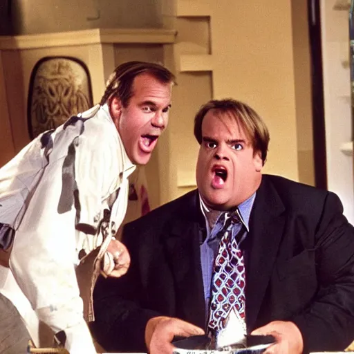 Image similar to 'ok i'm pretty sure that %Chris Farley% wasn't in %Casablanca% but there he is at Rick's'
